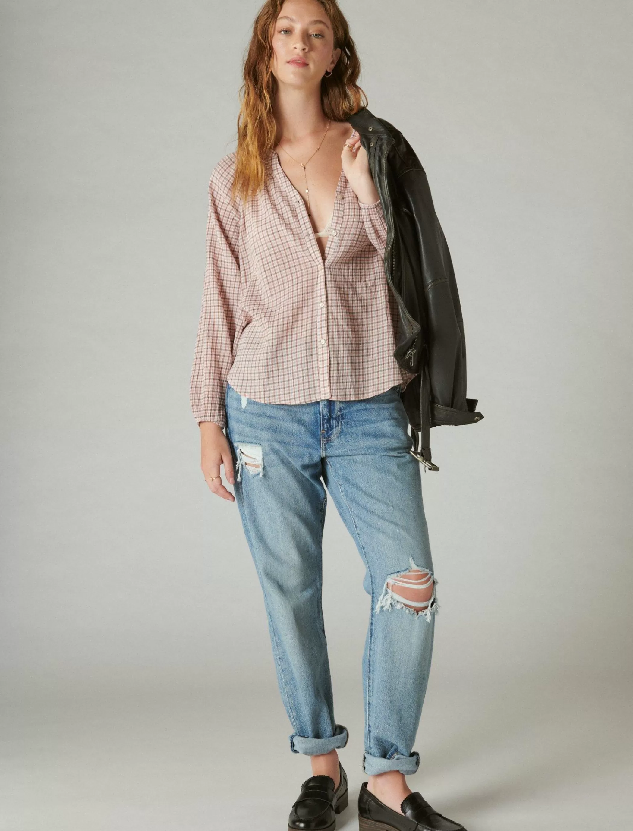 Lucky Brand Blouses*relaxed plaid open neckshirt cream pink plaid