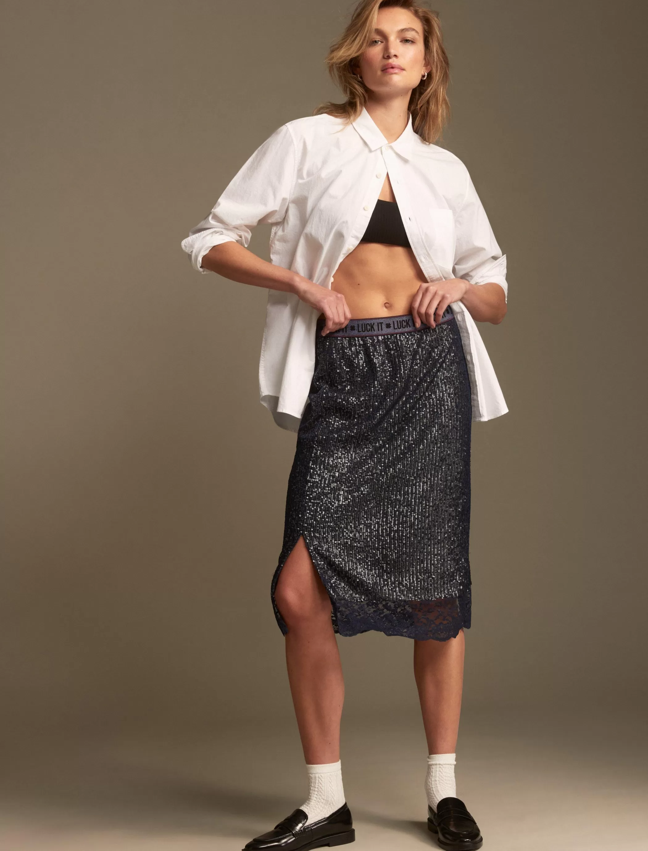 Lucky Brand Skirts*sequin lace midi skirt dark navy