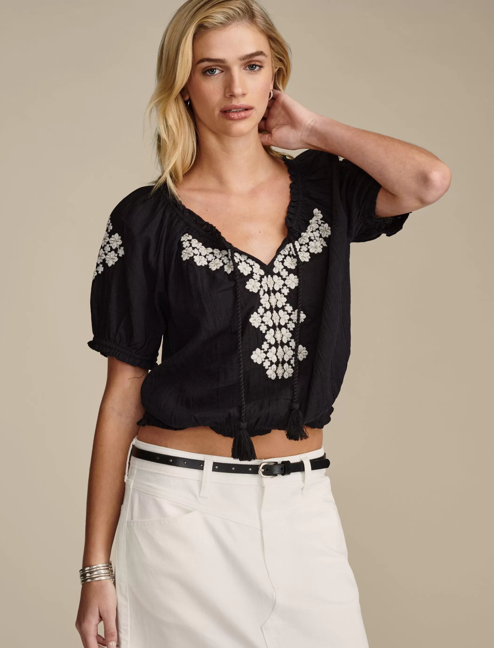 Lucky Brand Blouses*short sleeve geo embroidered peasant top jet black