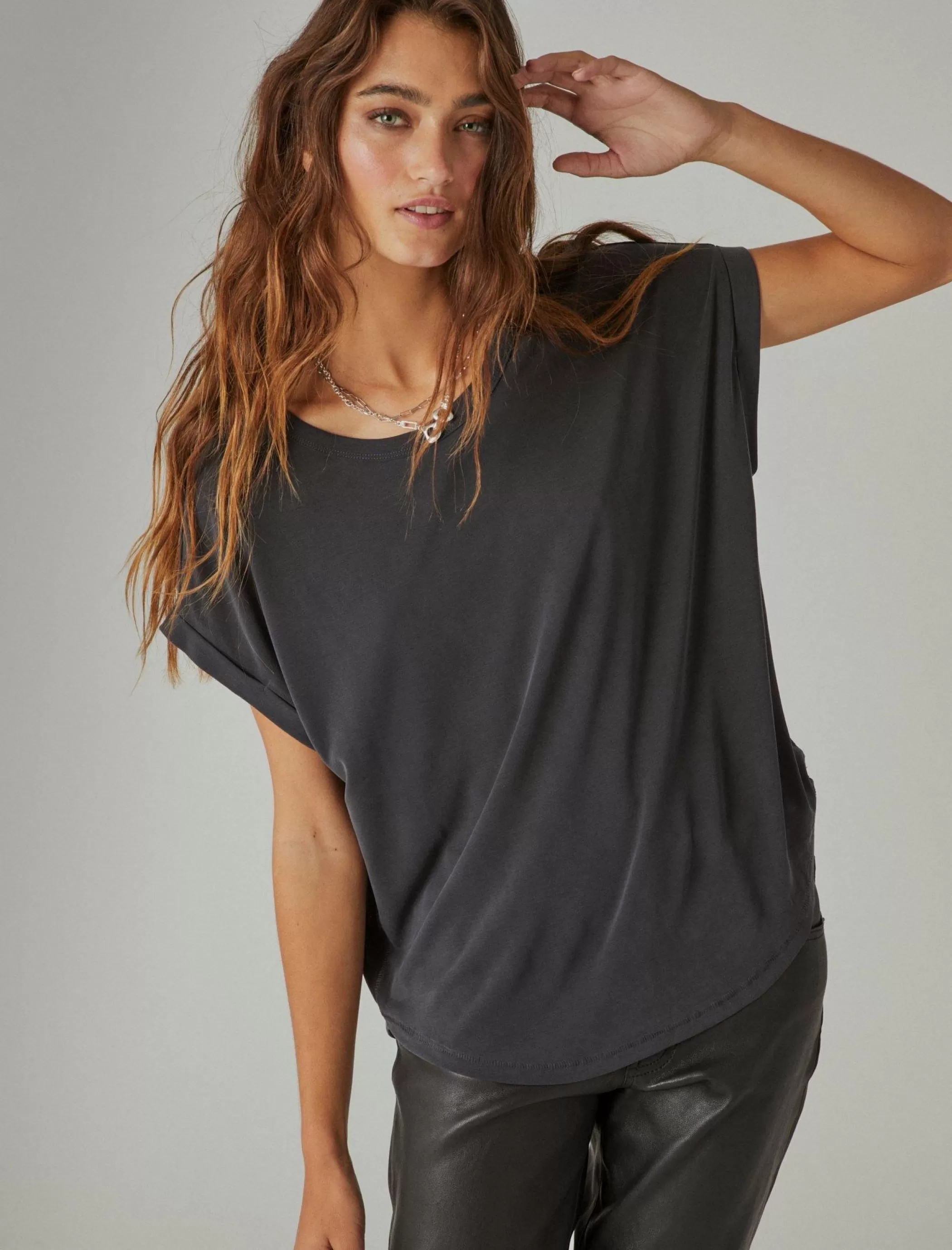 Lucky Brand Knit Tops*short sleeve sandwash dolman tee 001 lucky black