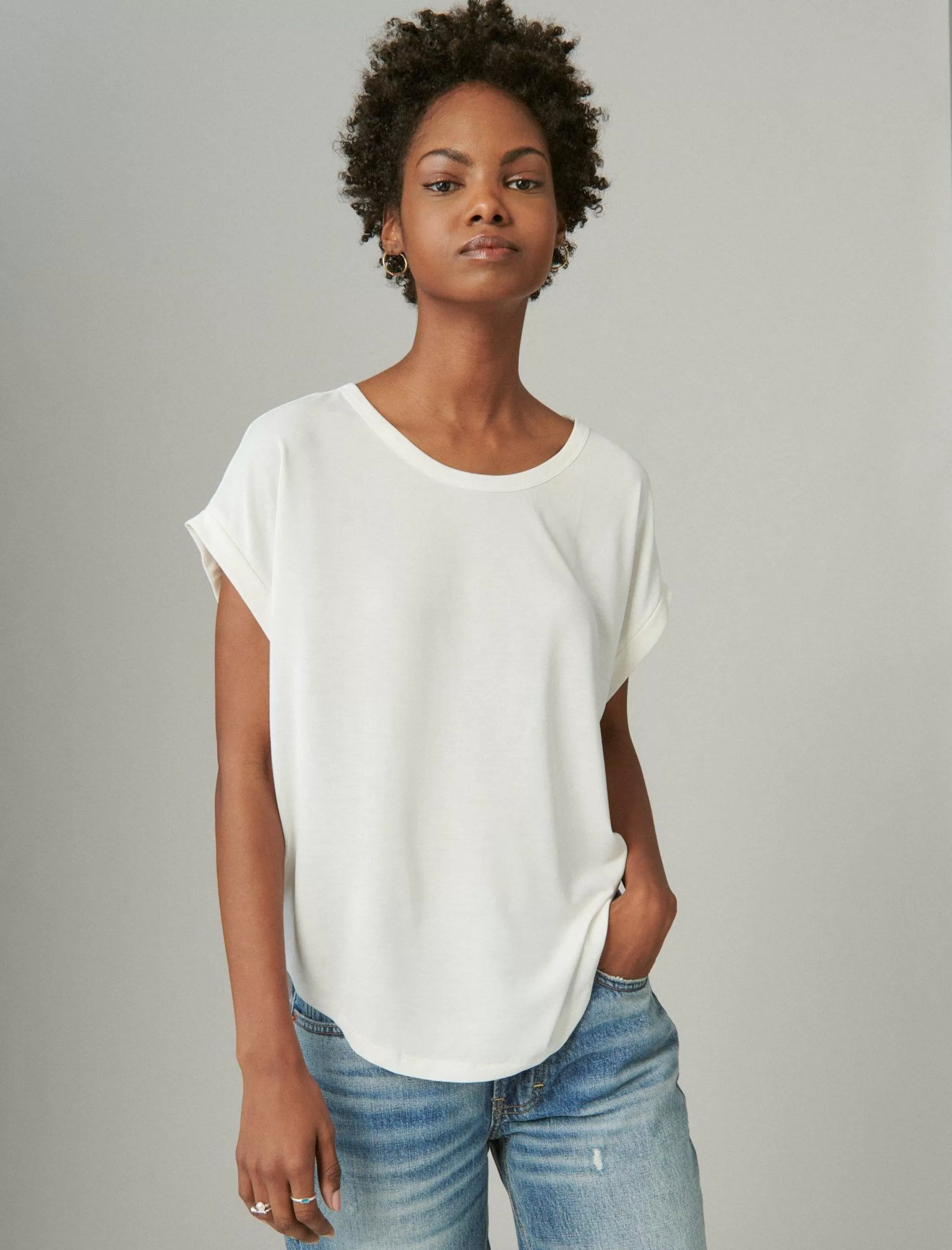 Lucky Brand Knit Tops*short sleeve sandwash dolman tee bright white