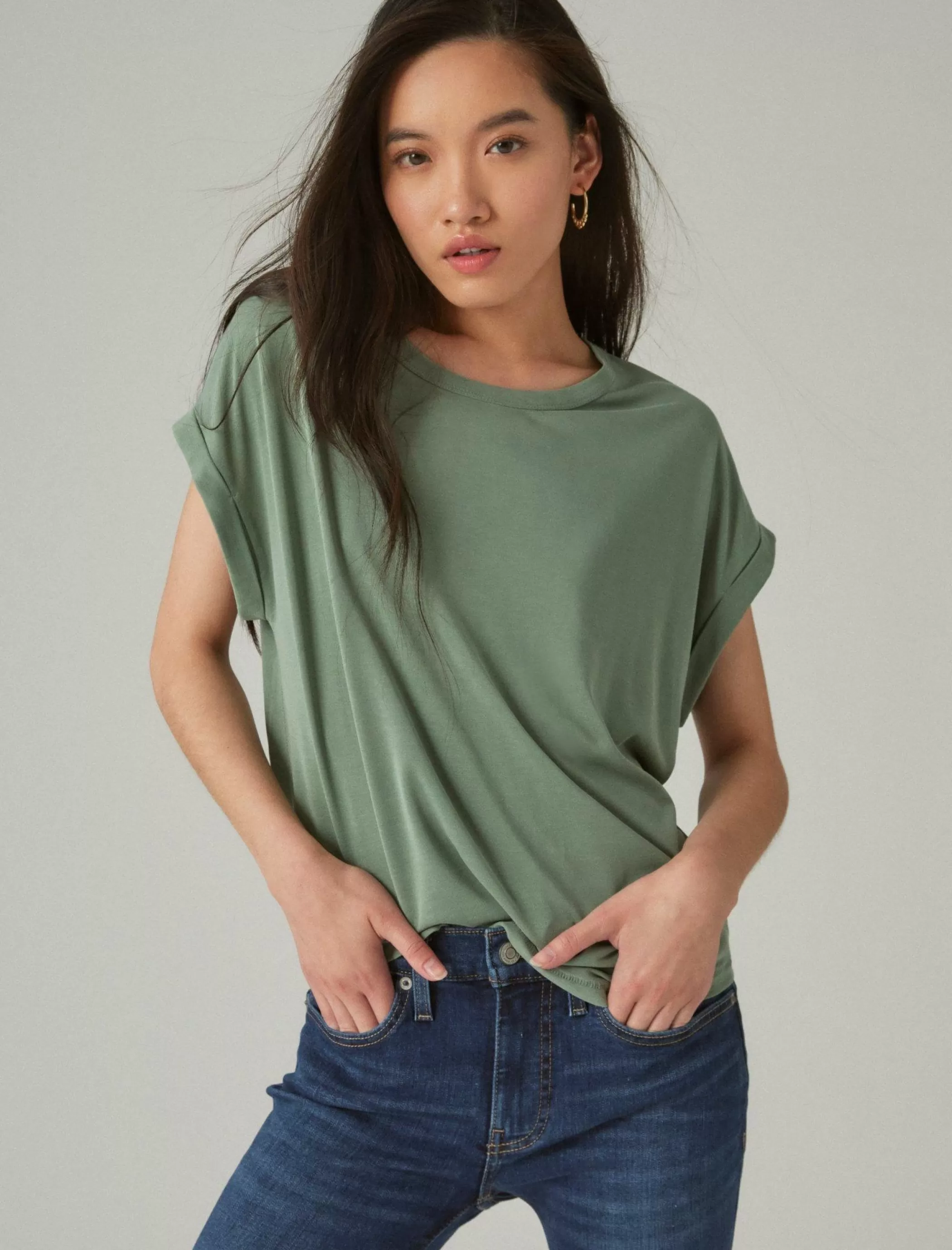 Lucky Brand Knit Tops*short sleeve sandwash dolman tee loden green