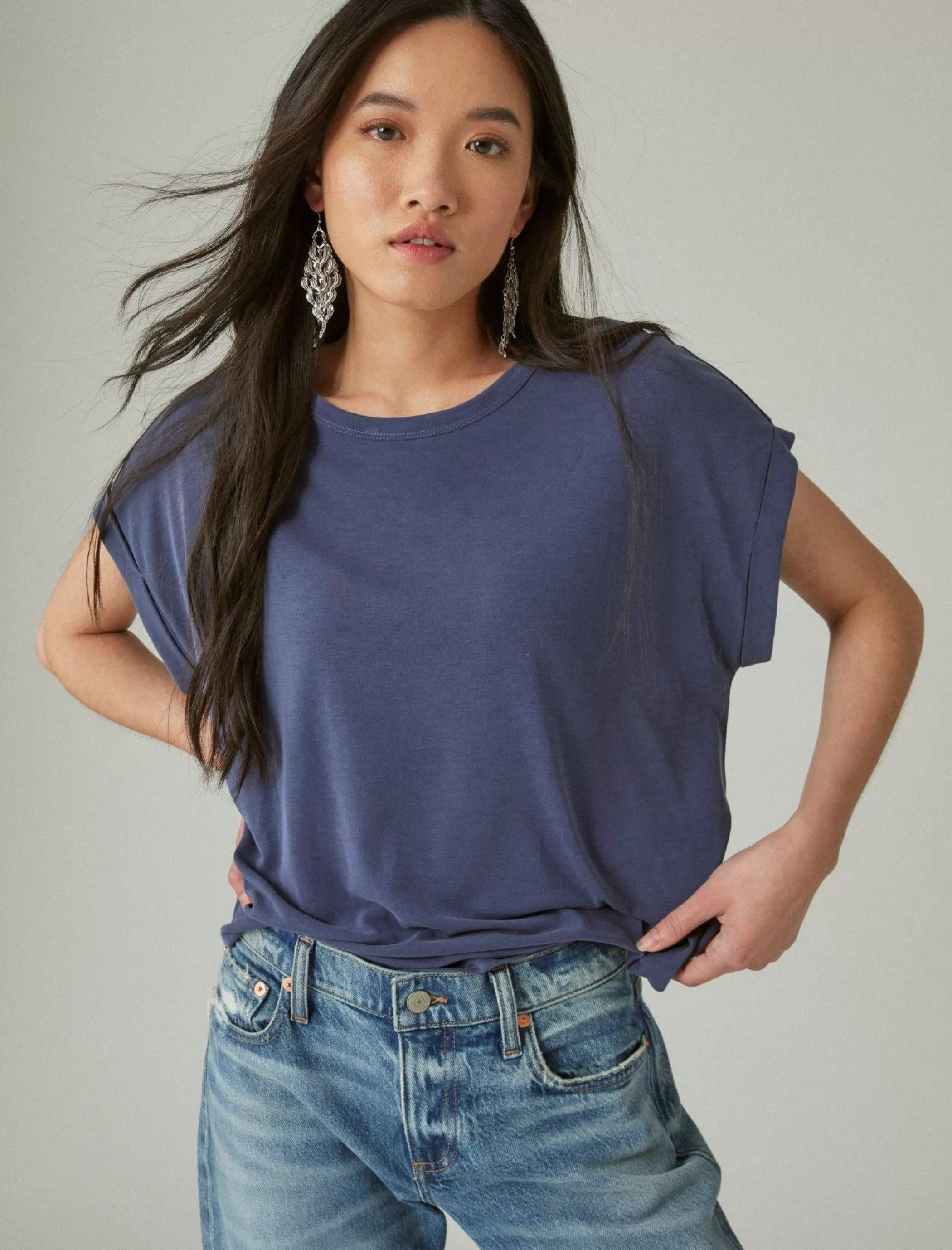 Lucky Brand Knit Tops*short sleeve sandwash dolman tee navy