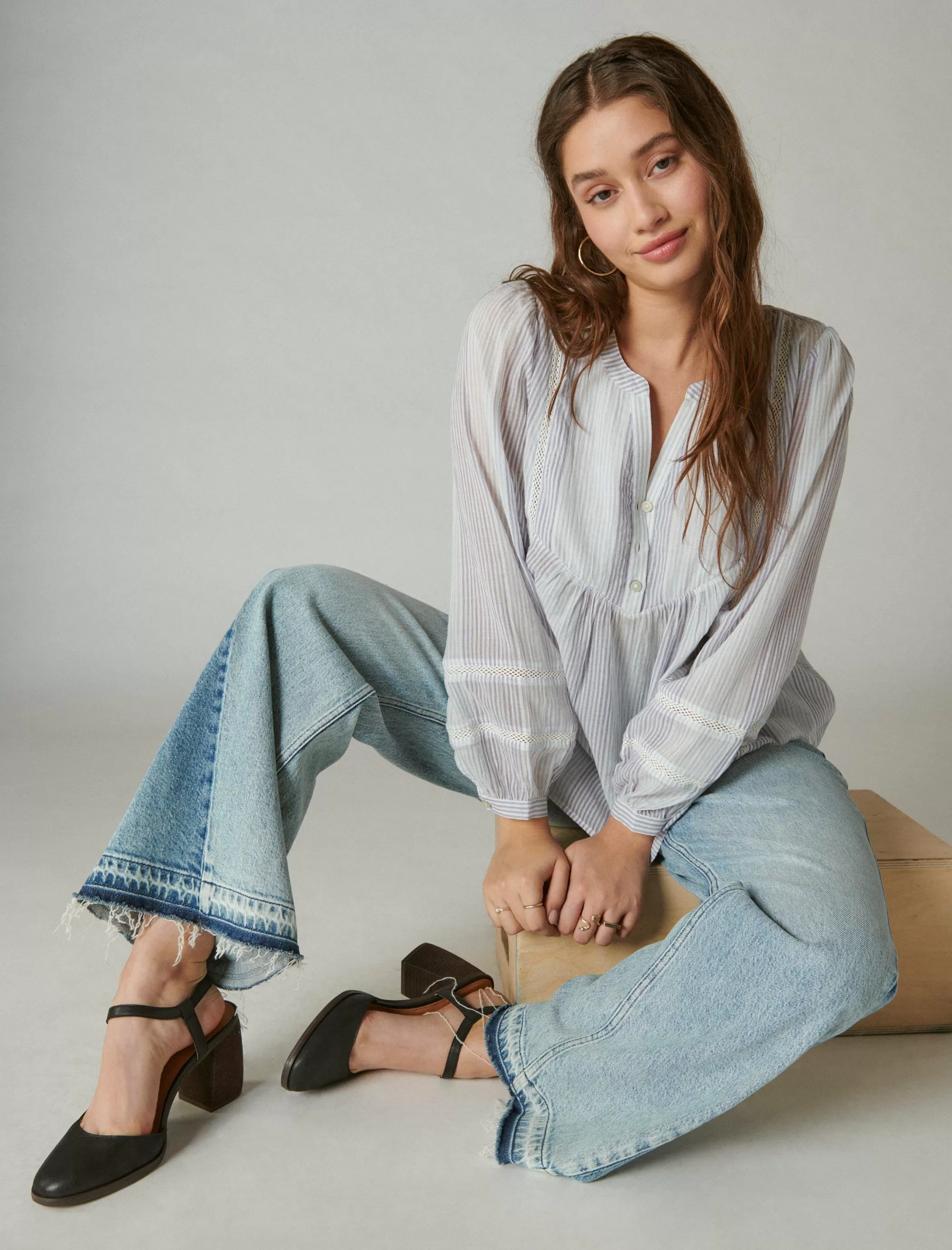 Lucky Brand Blouses*smocked button through blouse blue white stripe