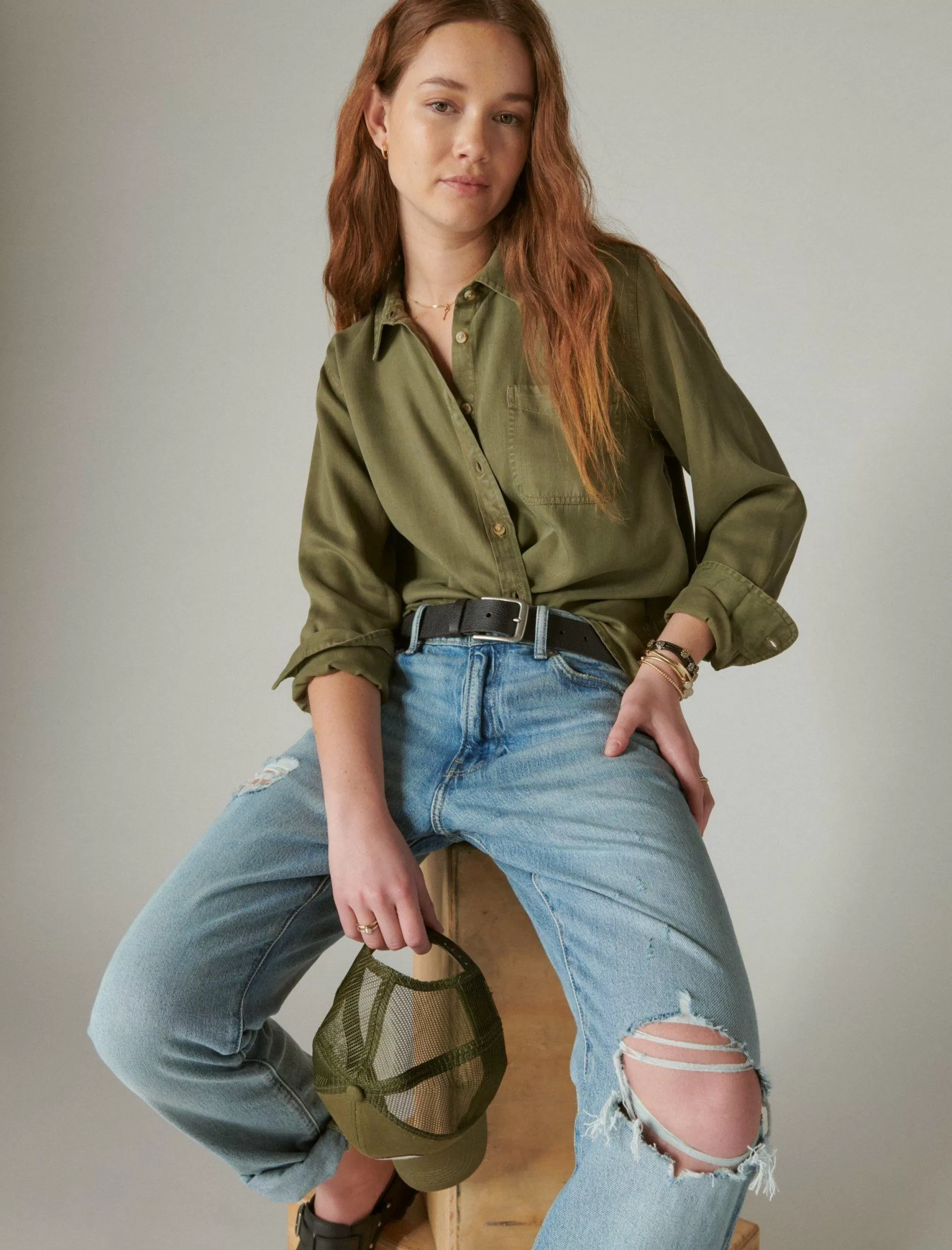 Lucky Brand Blouses*solid boyfriend button down shirt olive