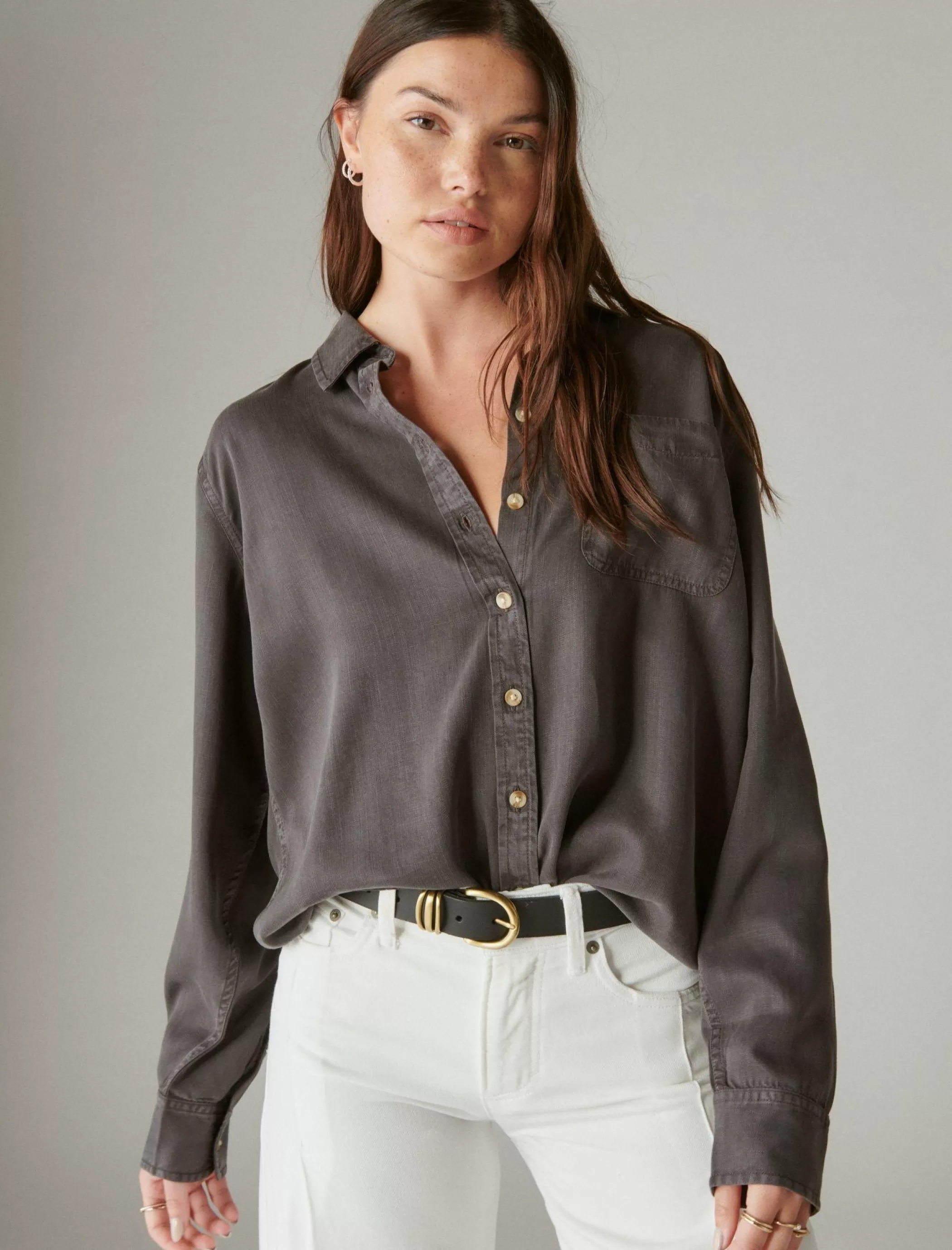 Lucky Brand Blouses*solid boyfriend button down shirt grey