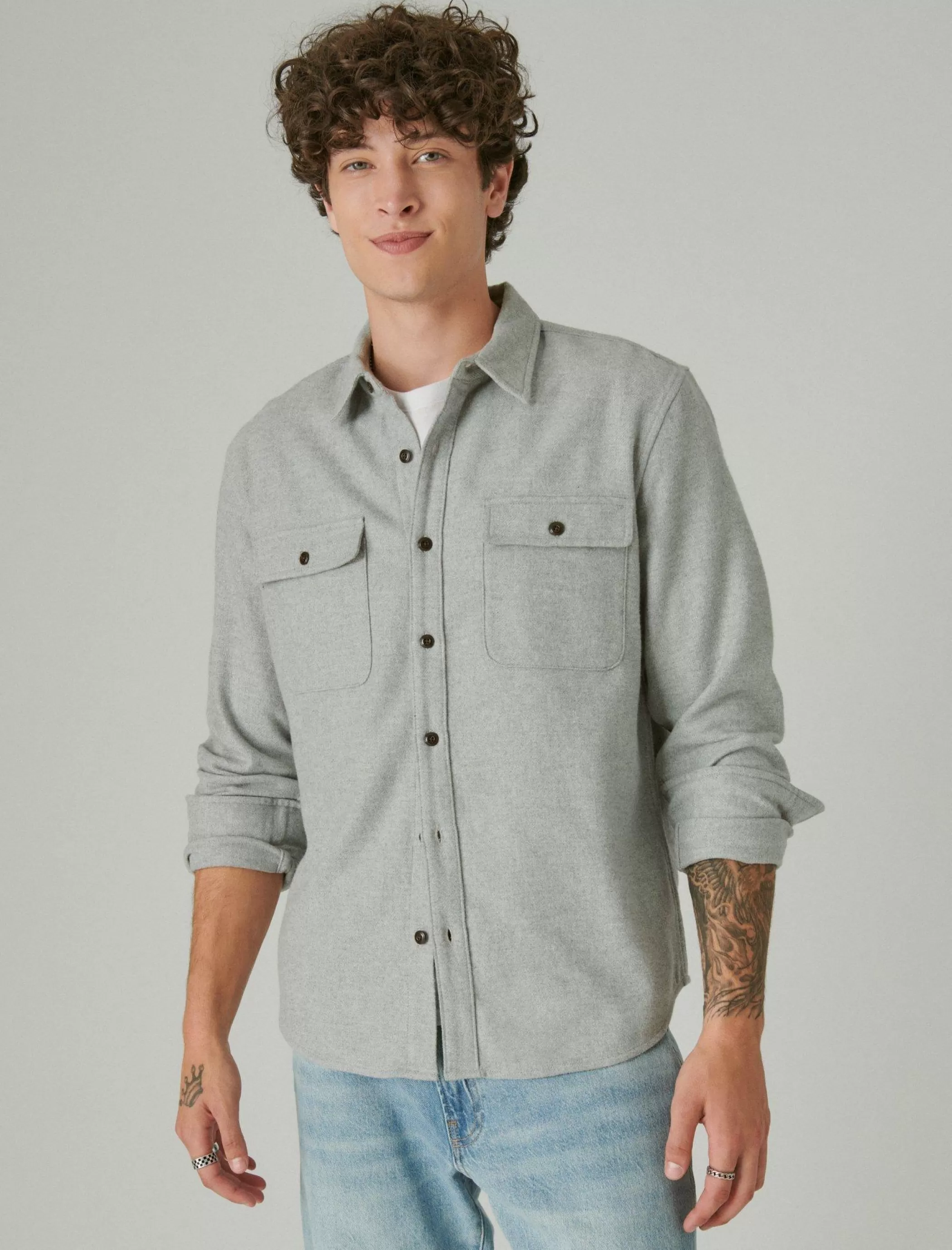 Lucky Brand Button-Downs*solid utility cloud soft long sleeve flannel grey heather