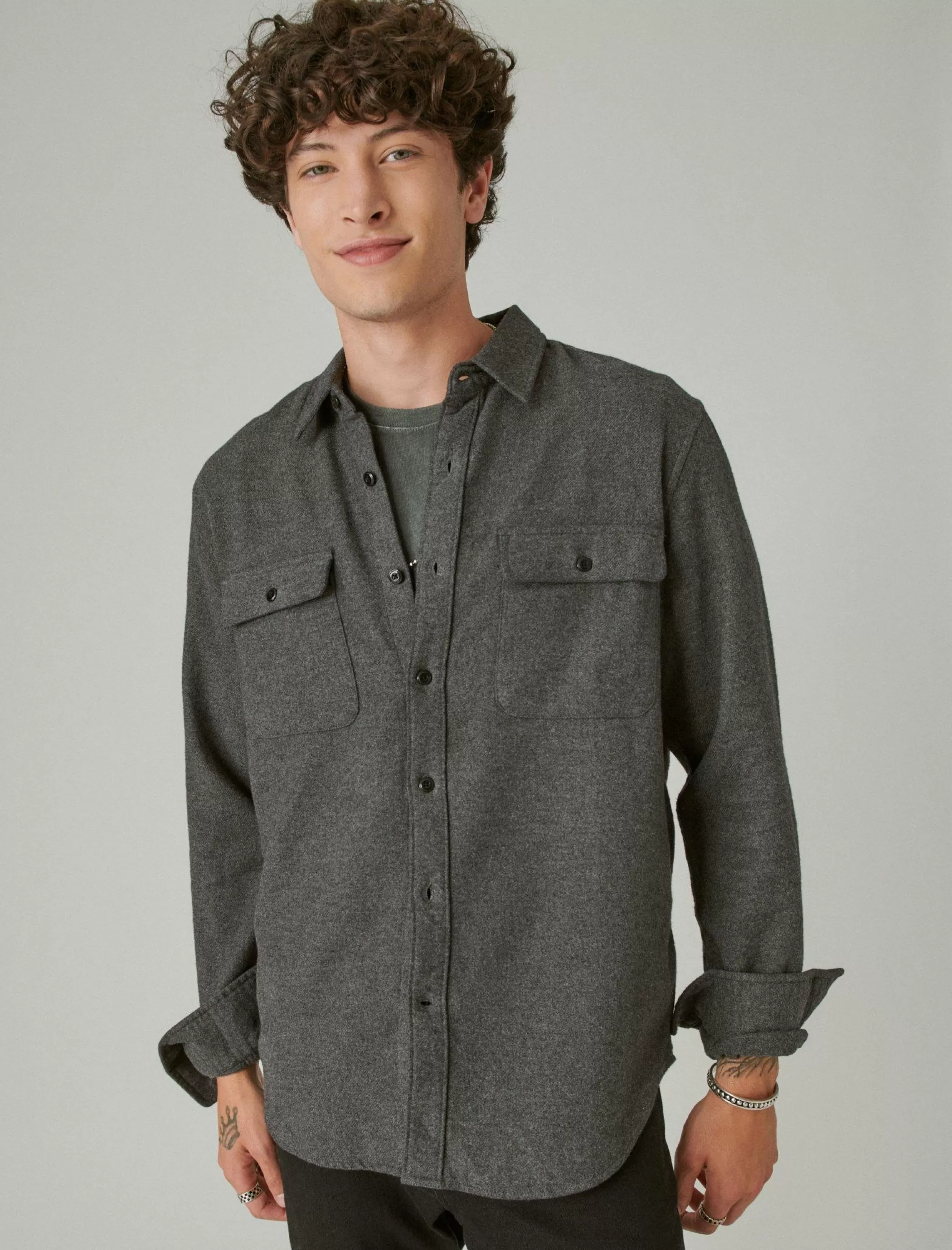 Lucky Brand Button-Downs*solid utility cloud soft long sleeve flannel charcoal heather