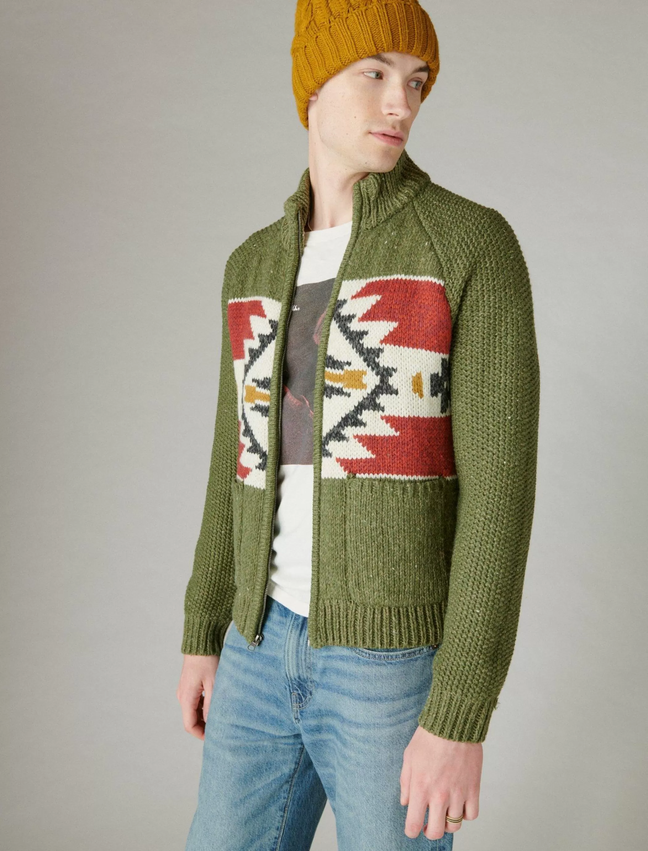 Lucky Brand Sweaters*southwestern print full zip bomber sweater olive multi