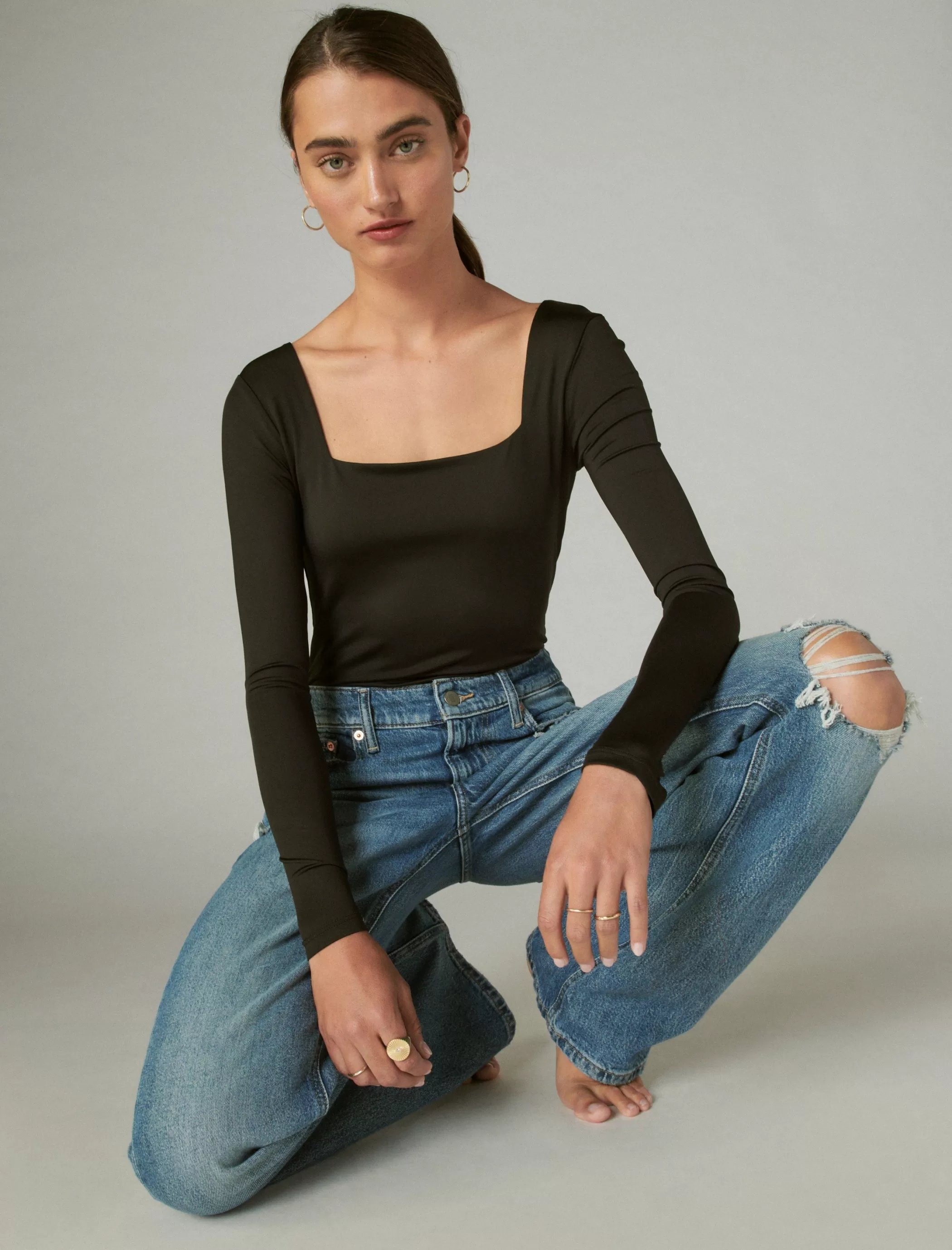 Lucky Brand Knit Tops*square neck long sleeve bodysuit jet black