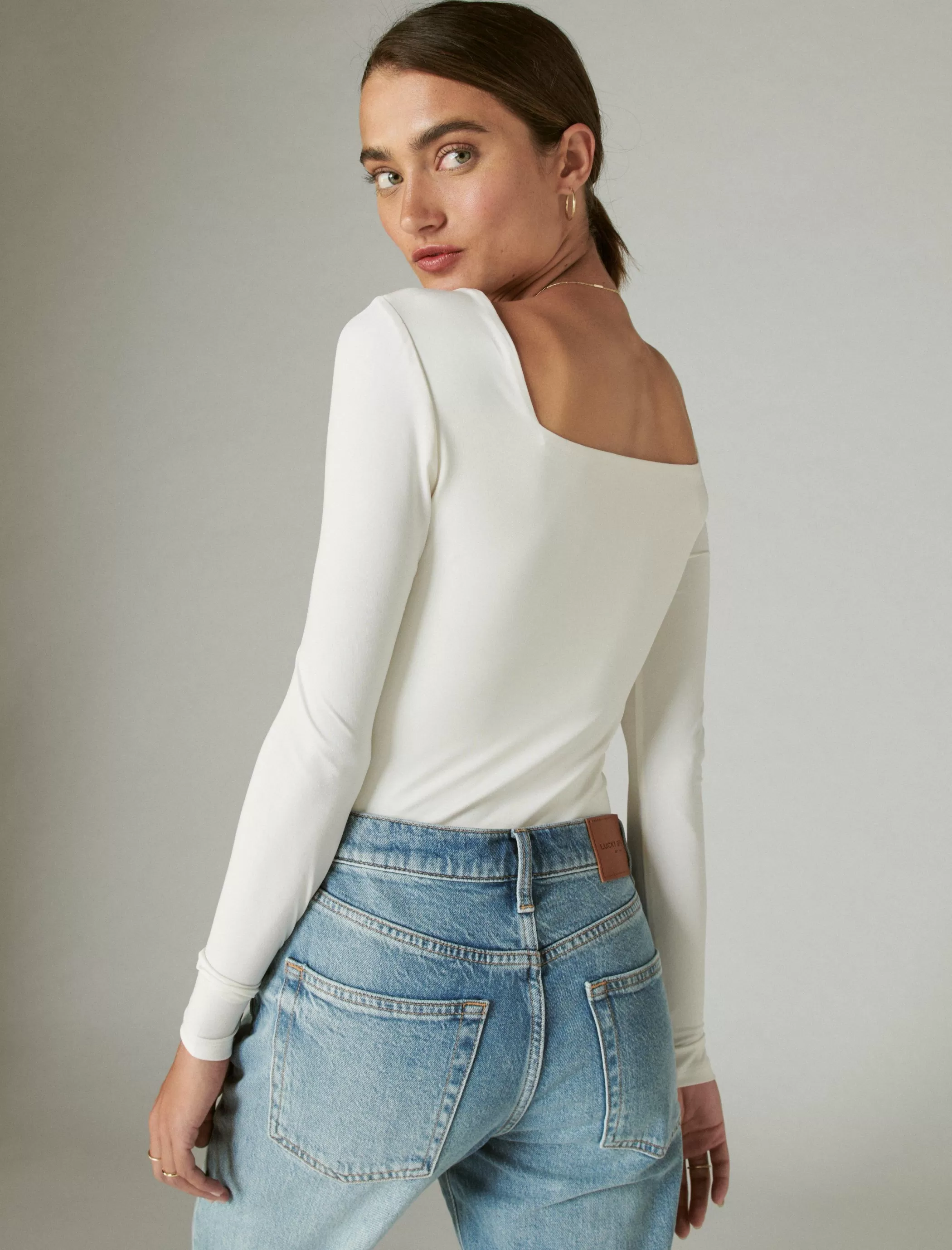 Lucky Brand Knit Tops*square neck long sleeve bodysuit cream