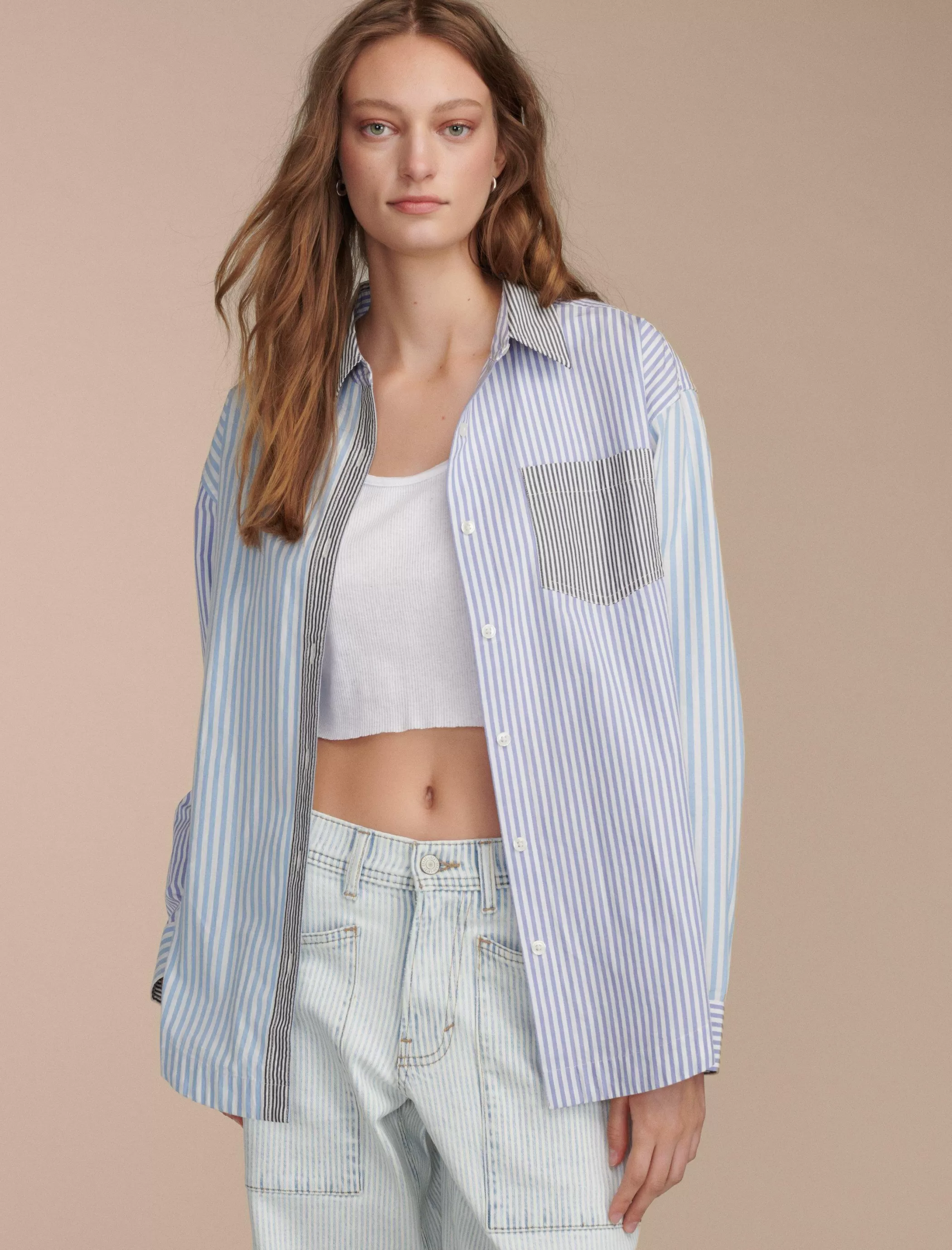 Lucky Brand Blouses*stripe mix boyfriend prep shirt blue stripe mix