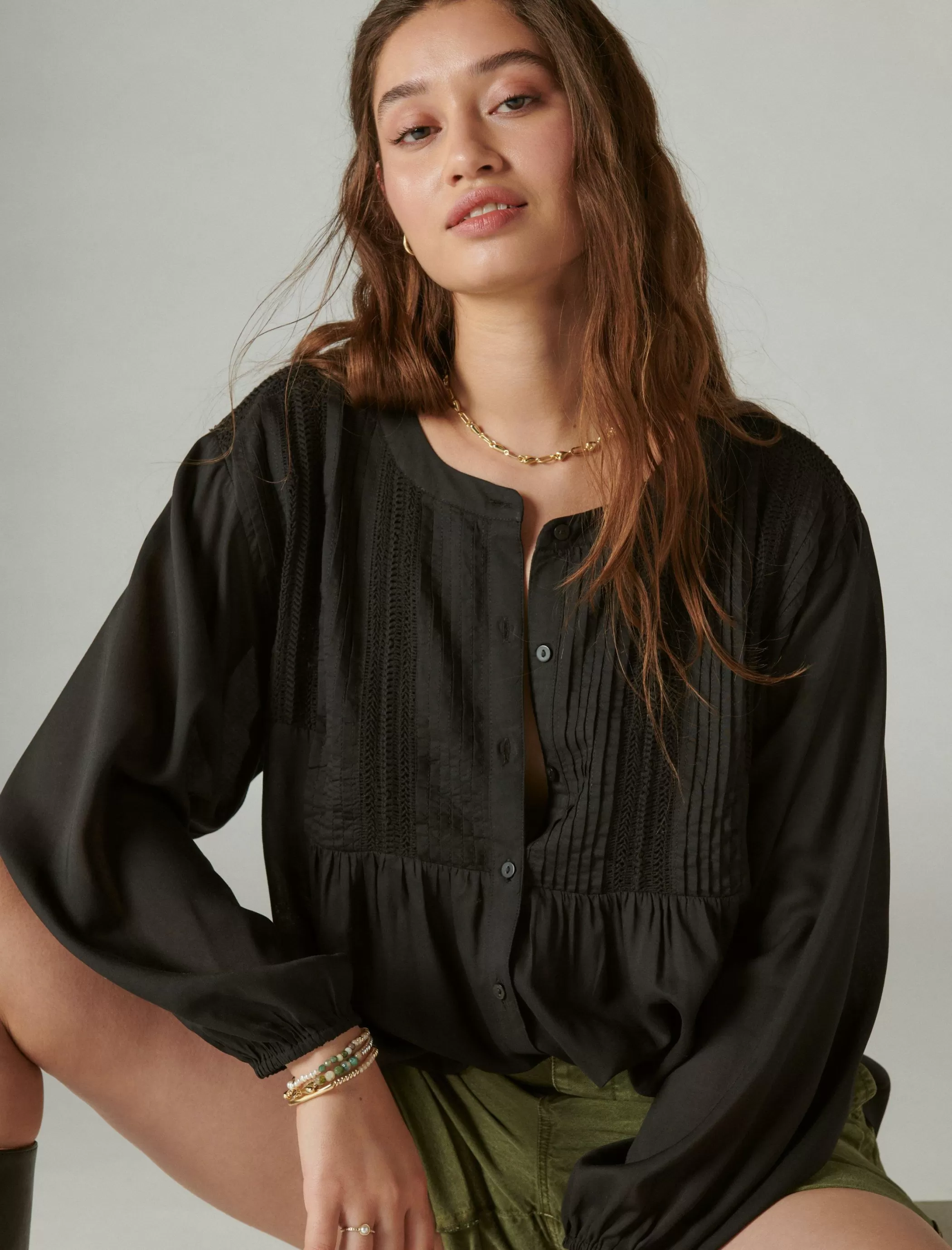 Lucky Brand Blouses*textured pintuck blouse meteorite