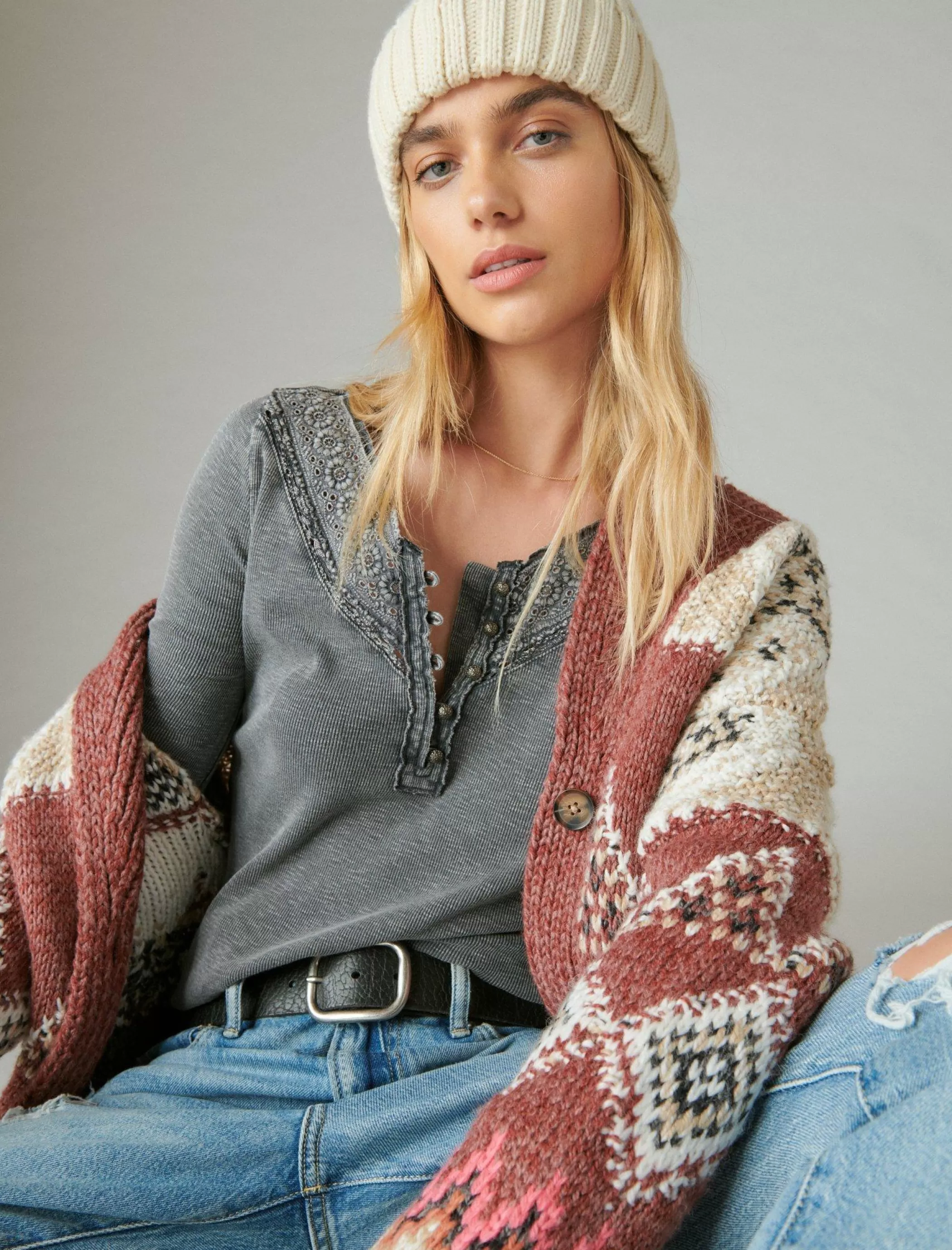 Lucky Brand Knit Tops*trim mix henley asphalt