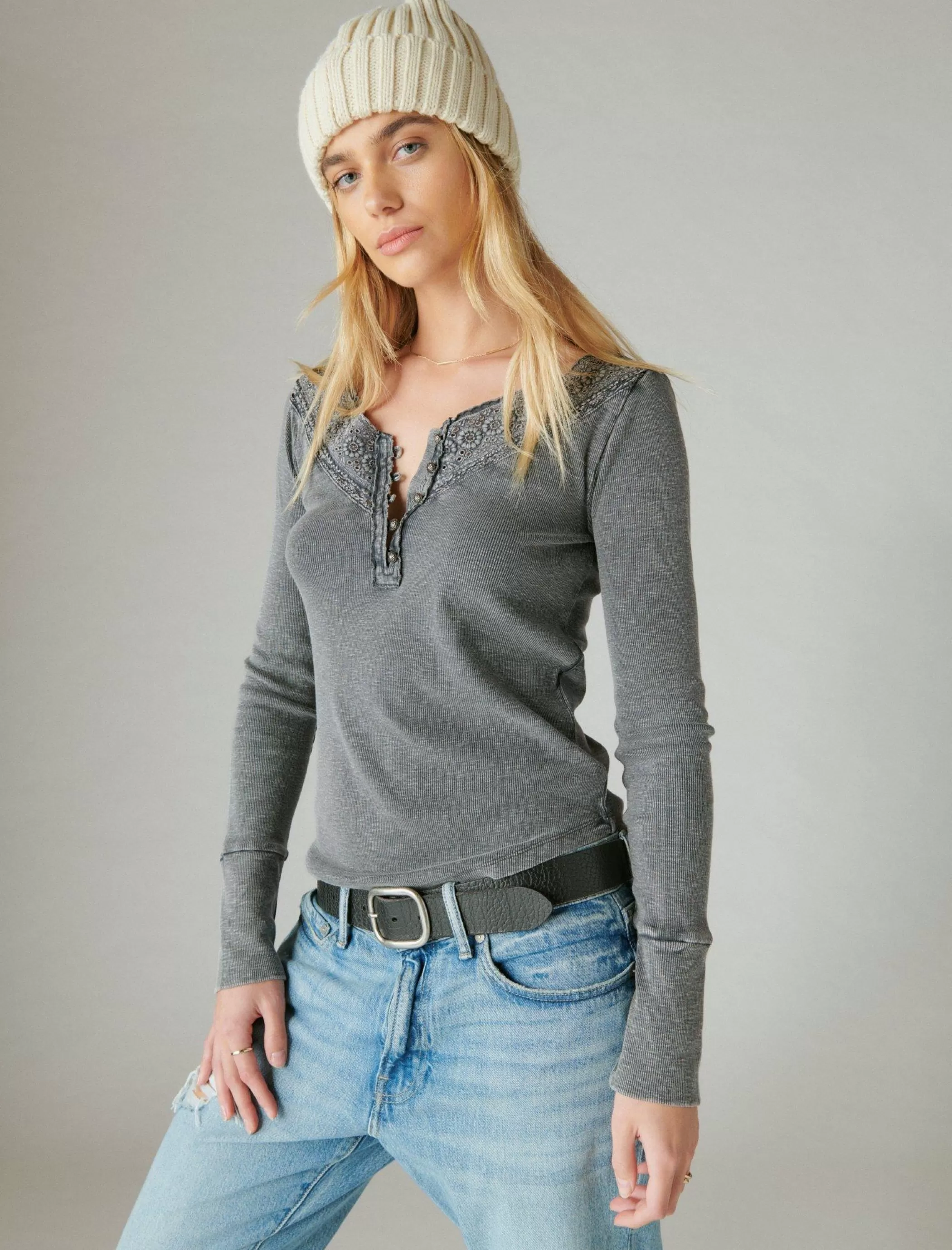 Lucky Brand Knit Tops*trim mix henley asphalt