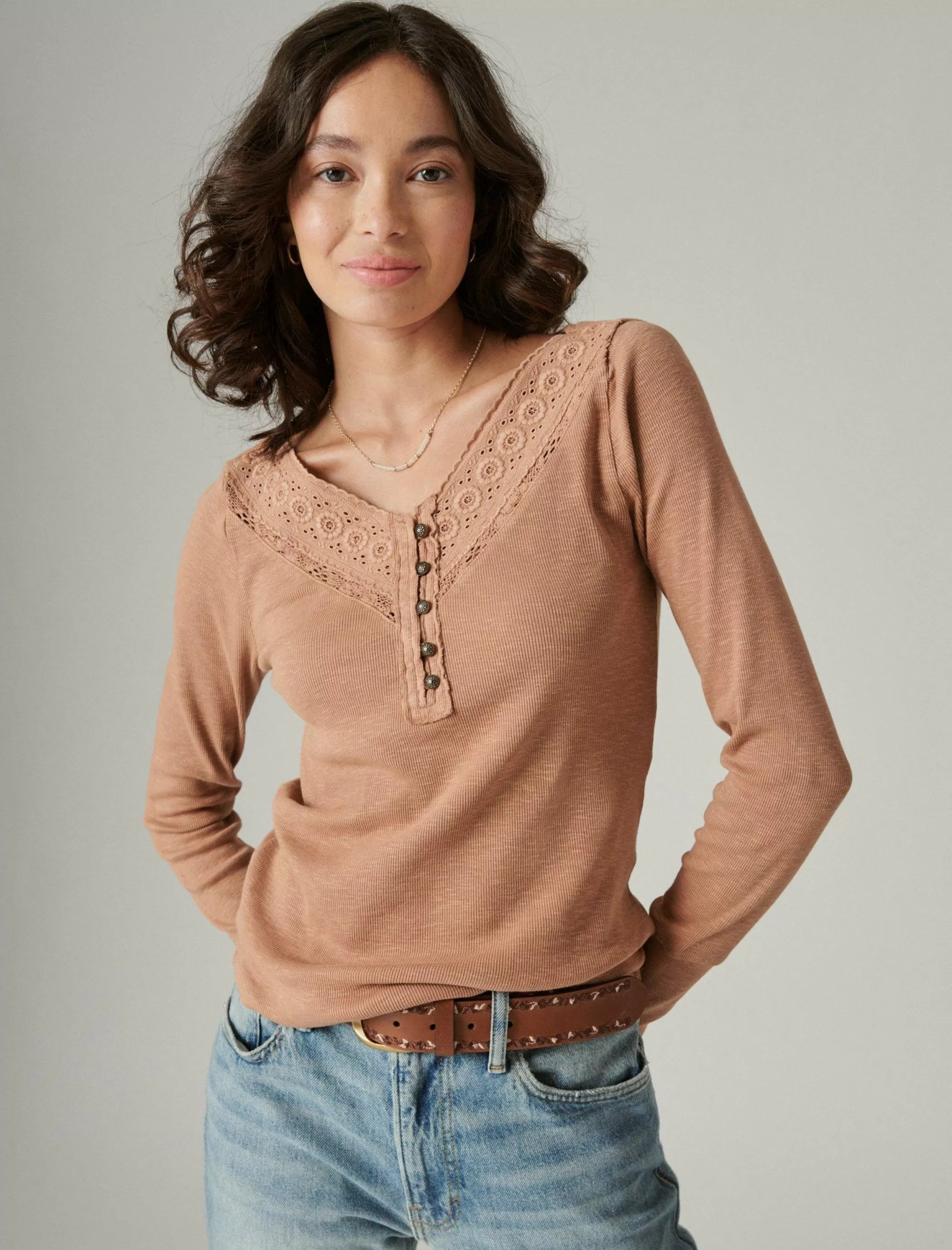 Lucky Brand Knit Tops*trim mix henley thrush