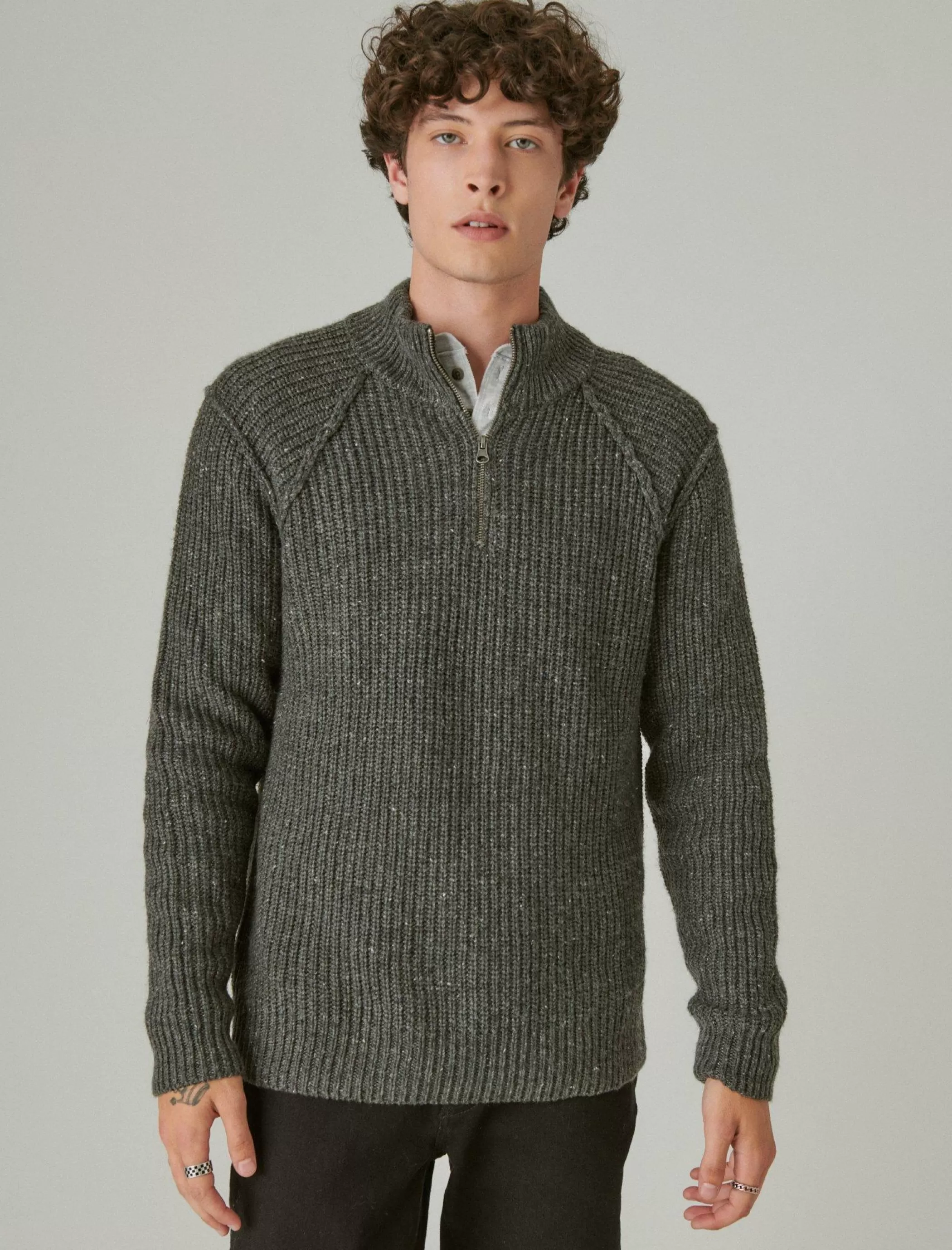 Lucky Brand Sweaters*tweed mock zip charcoal heather gre