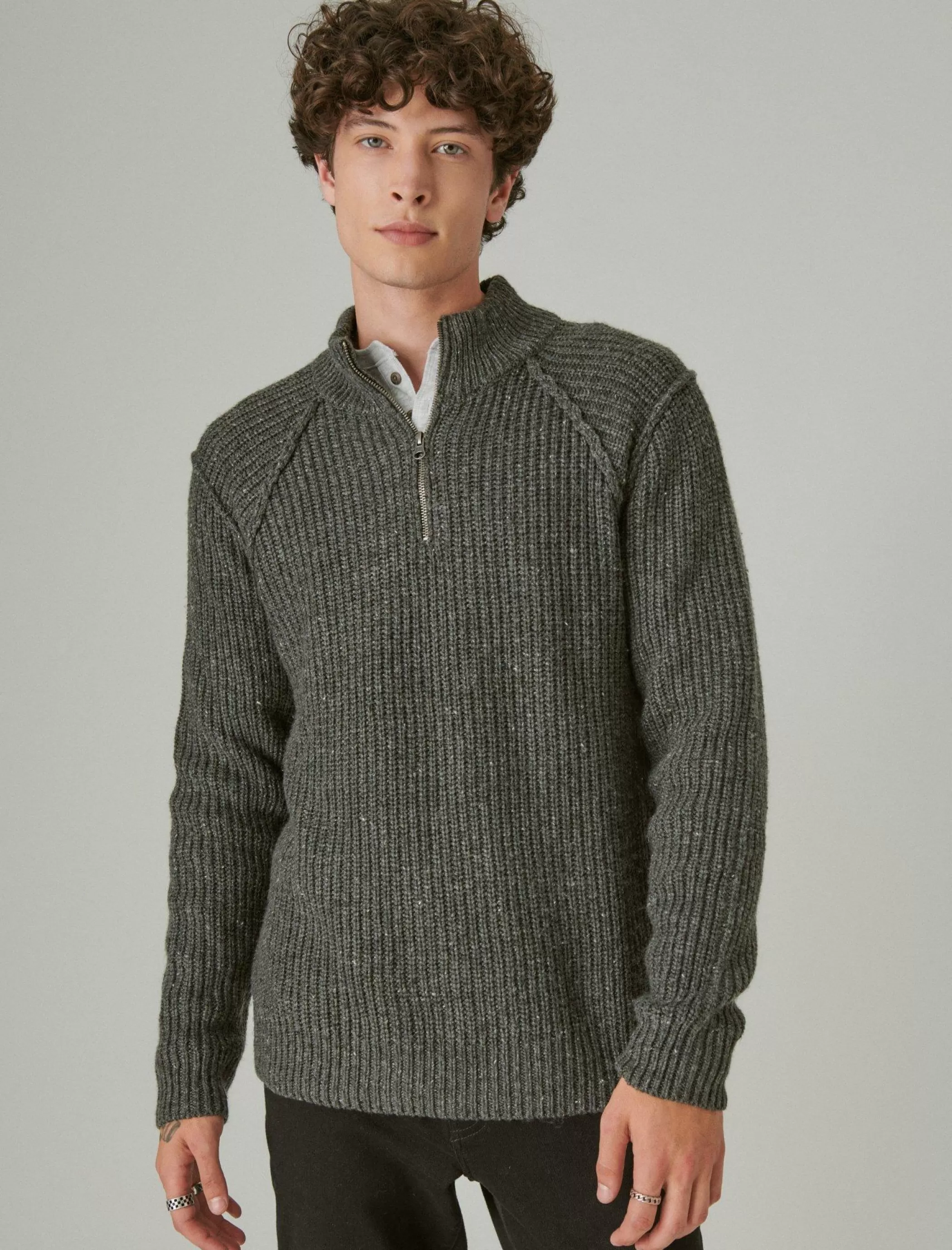 Lucky Brand Sweaters*tweed mock zip charcoal heather gre