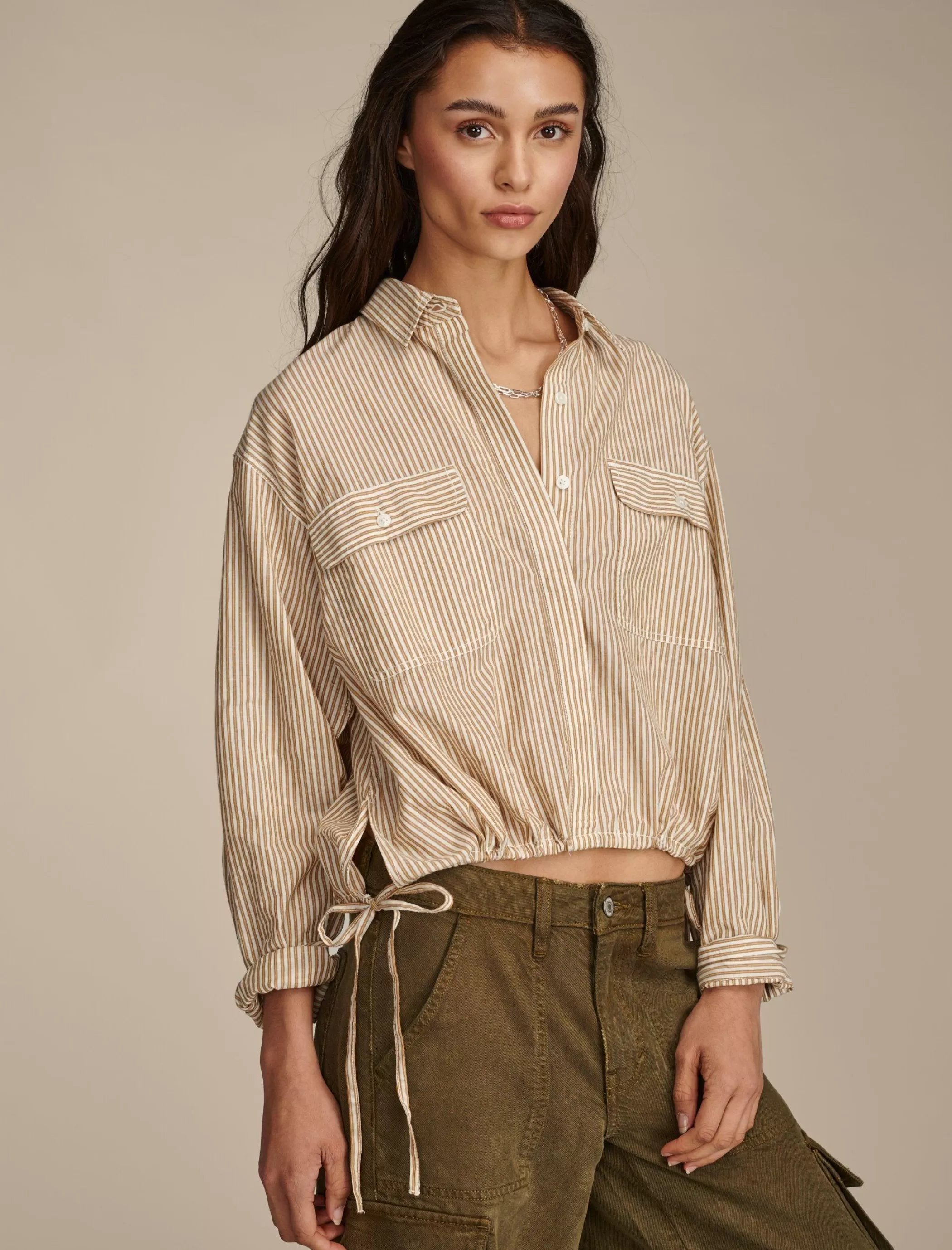 Lucky Brand Blouses*utility shirt brown stripes