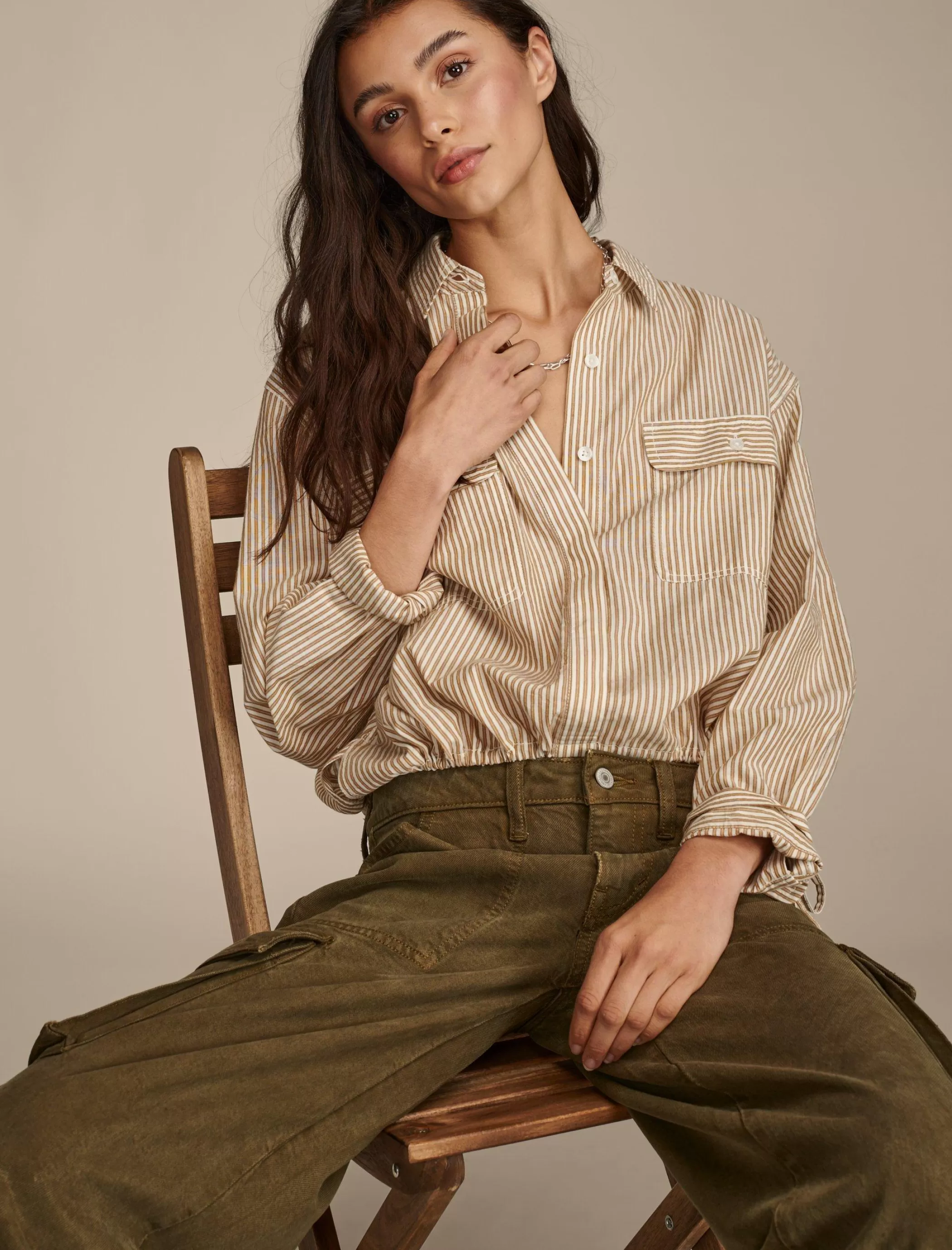 Lucky Brand Blouses*utility shirt brown stripes