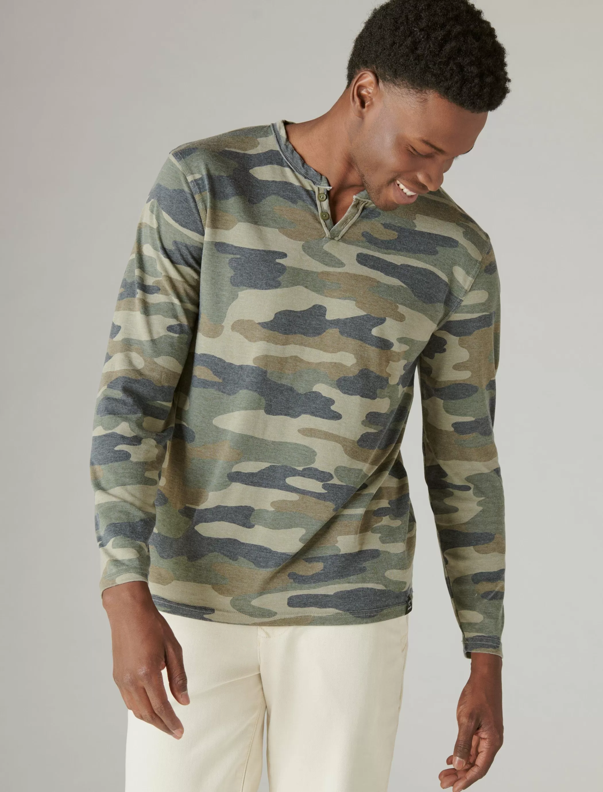 Lucky Brand Shirts & Tops*venice burnout long sleeve notch neck camo (army colors)